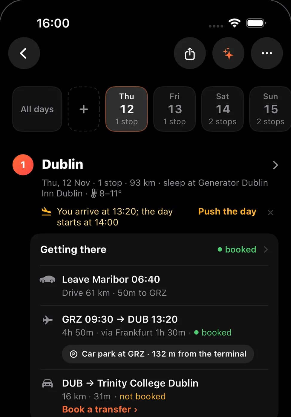 Traulo getting-there screen: flight and car to Dublin