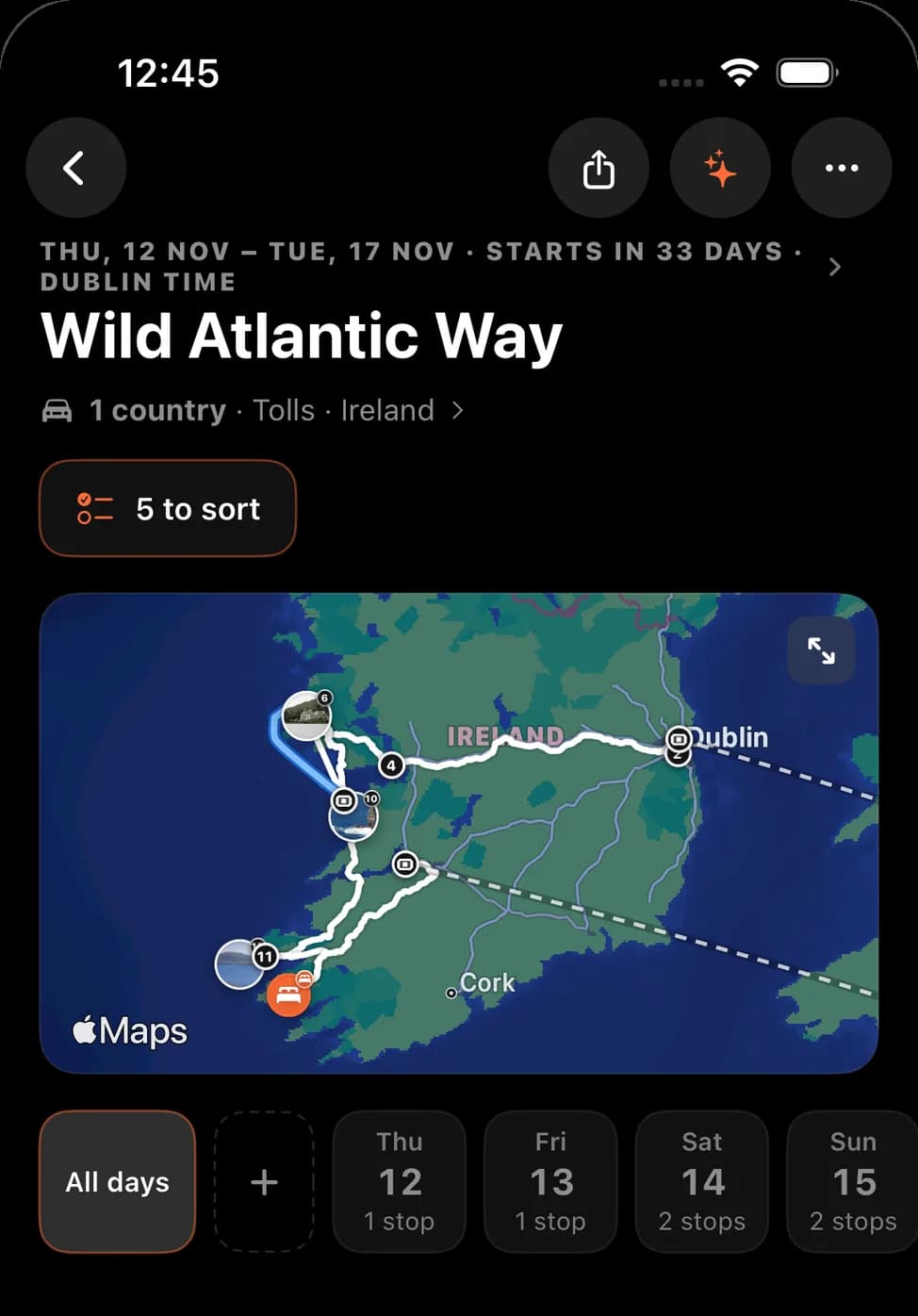 Traulo plan screen: Wild Atlantic Way, day by day on a map